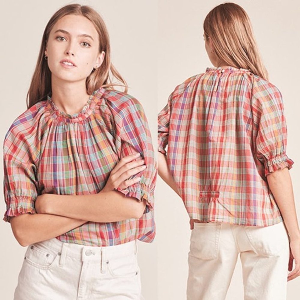 NWT Birds of Paradise Shelia Tapestry Red Plaid Balloon Sleeve Blouse Top